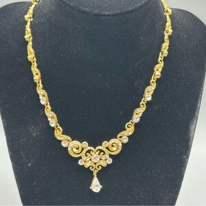Christina Collection Gold Tone Rhinestone Drop Scroll Necklace Bling Sparkle 18”